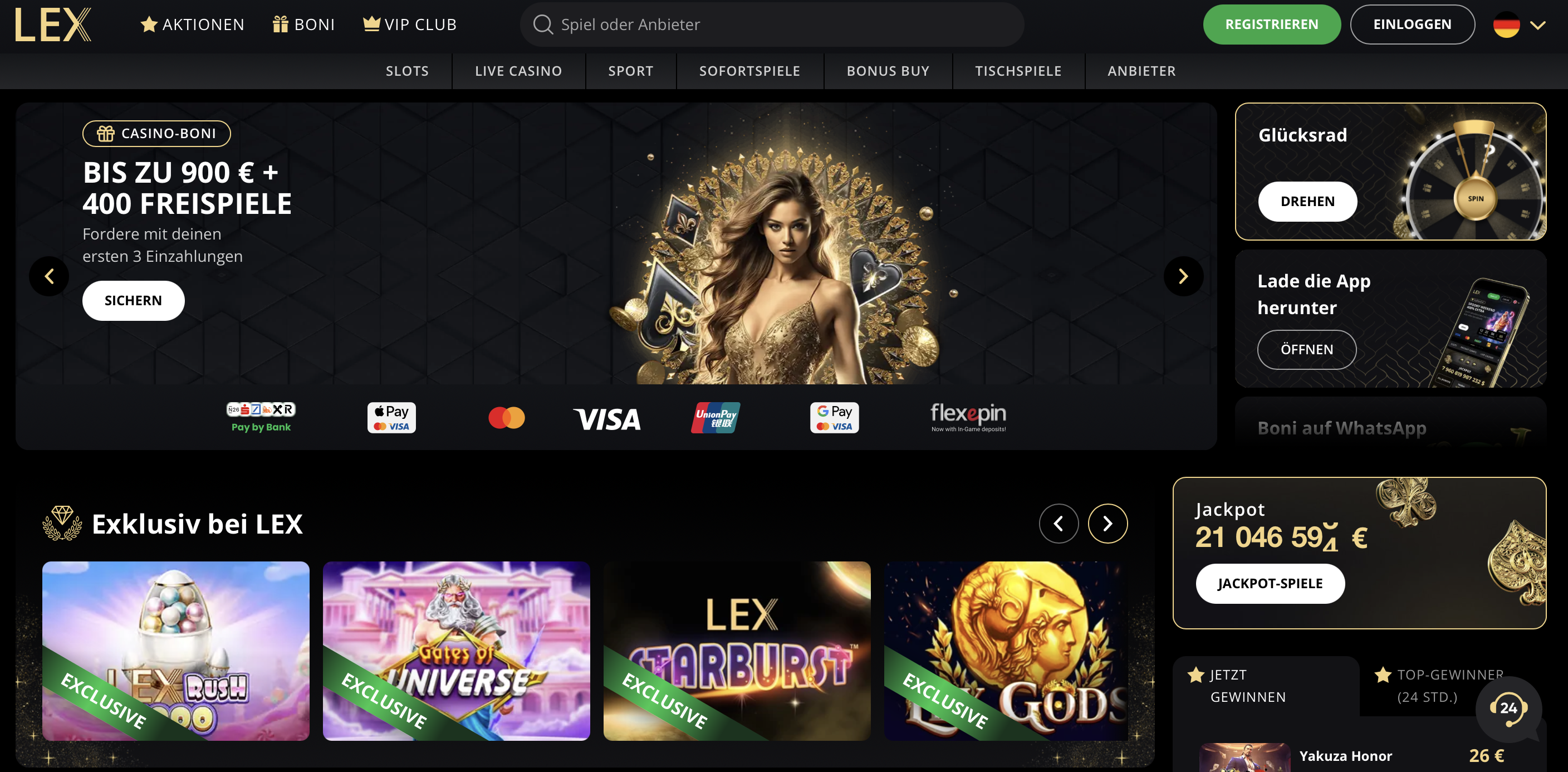 Lex Casino Startseite mit goldenem Design und Willkommensbonus