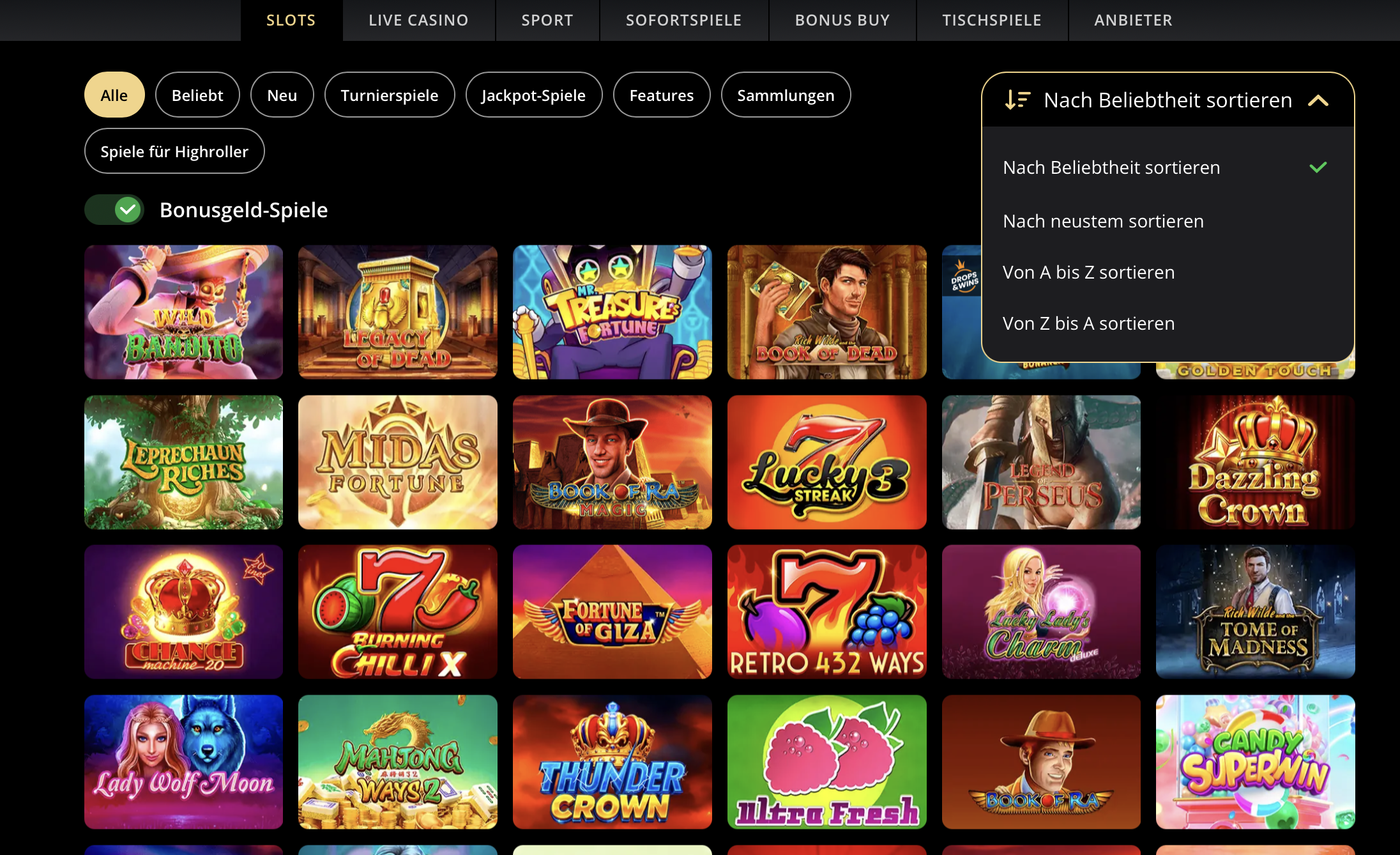Navigation und Spielkategorien im Lex Casino