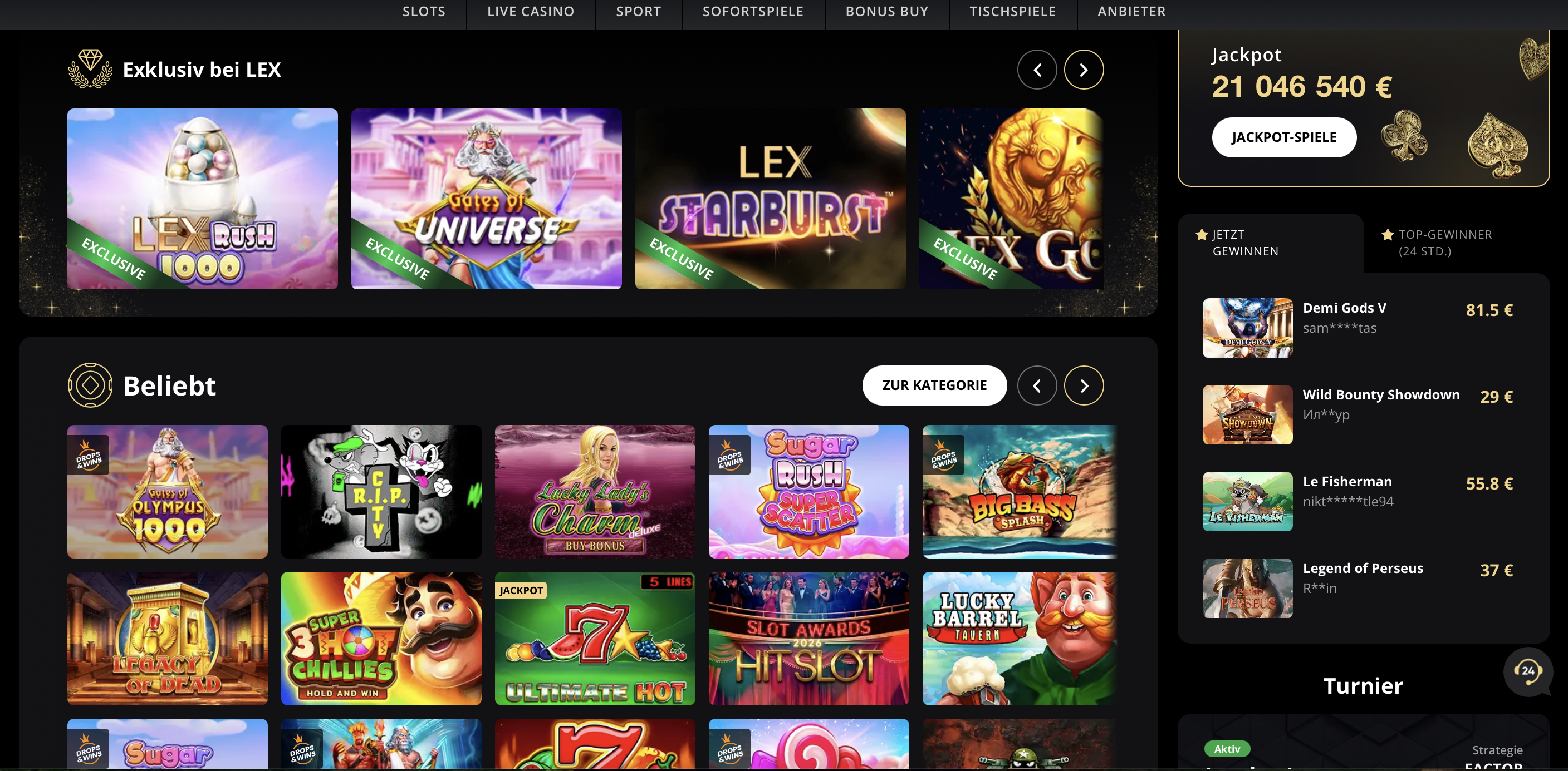 Slot-Sammlungen im Lex Casino nach Themen sortiert
