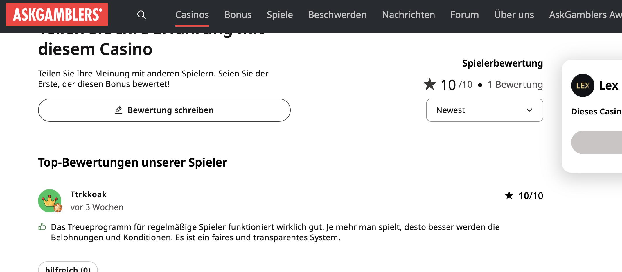 AskGamblers-Bewertung von Ttrkkoak zum Lex Casino mit 10 von 10
