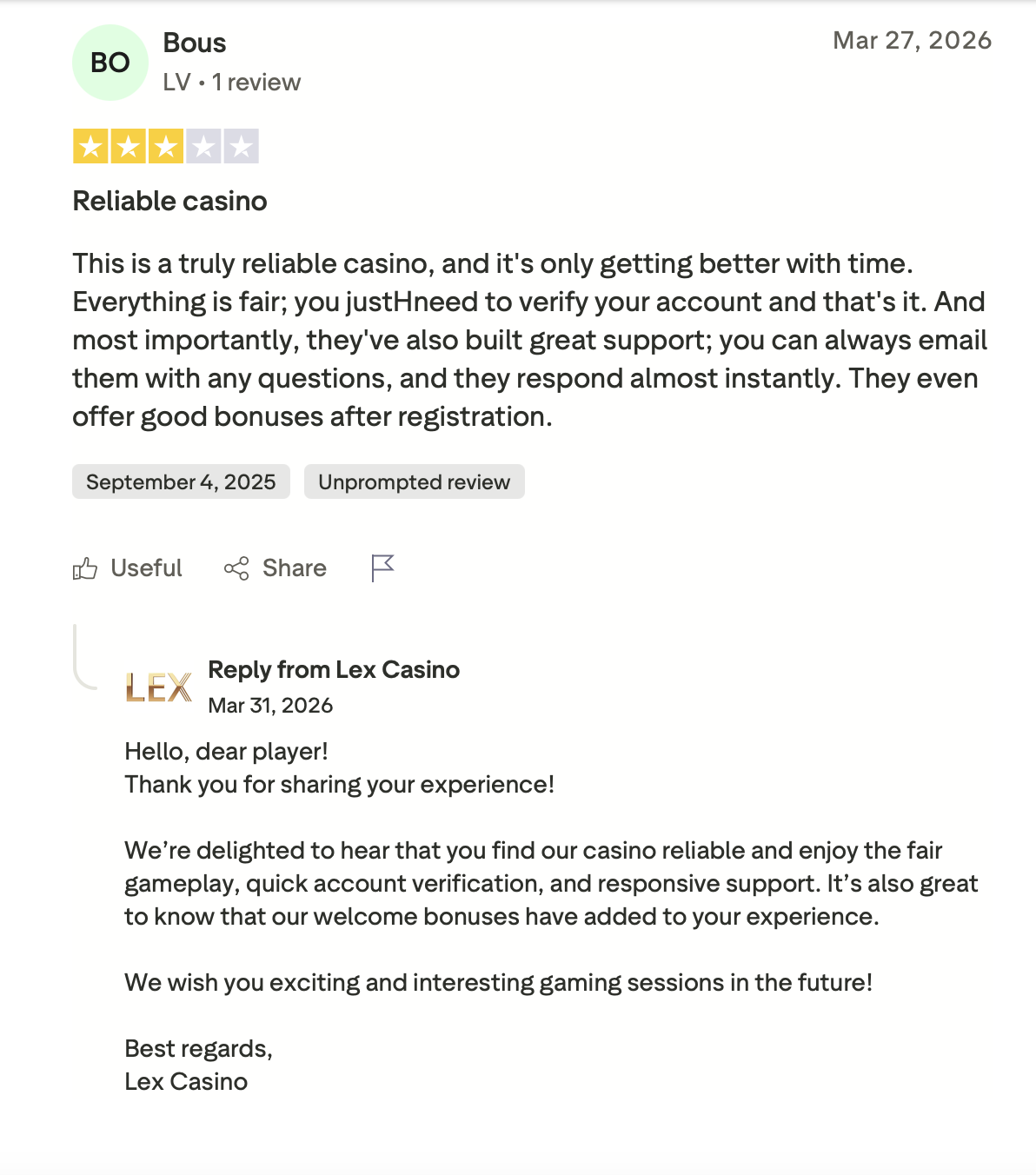 Trustpilot-Bewertung von Bous zum Lex Casino
