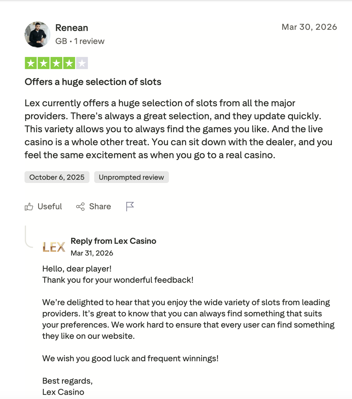 Trustpilot-Bewertung von Renean zum Lex Casino mit vier Sternen